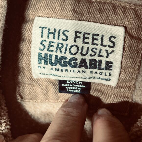 American Eagle Hoodie Seriously Huggable Fleece Lined Hood Keep Smiling Tan S - Picture 6 of 7